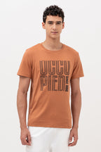 Mens Crew Neck Half Sleeve T-Shirt with Chest Print Brown