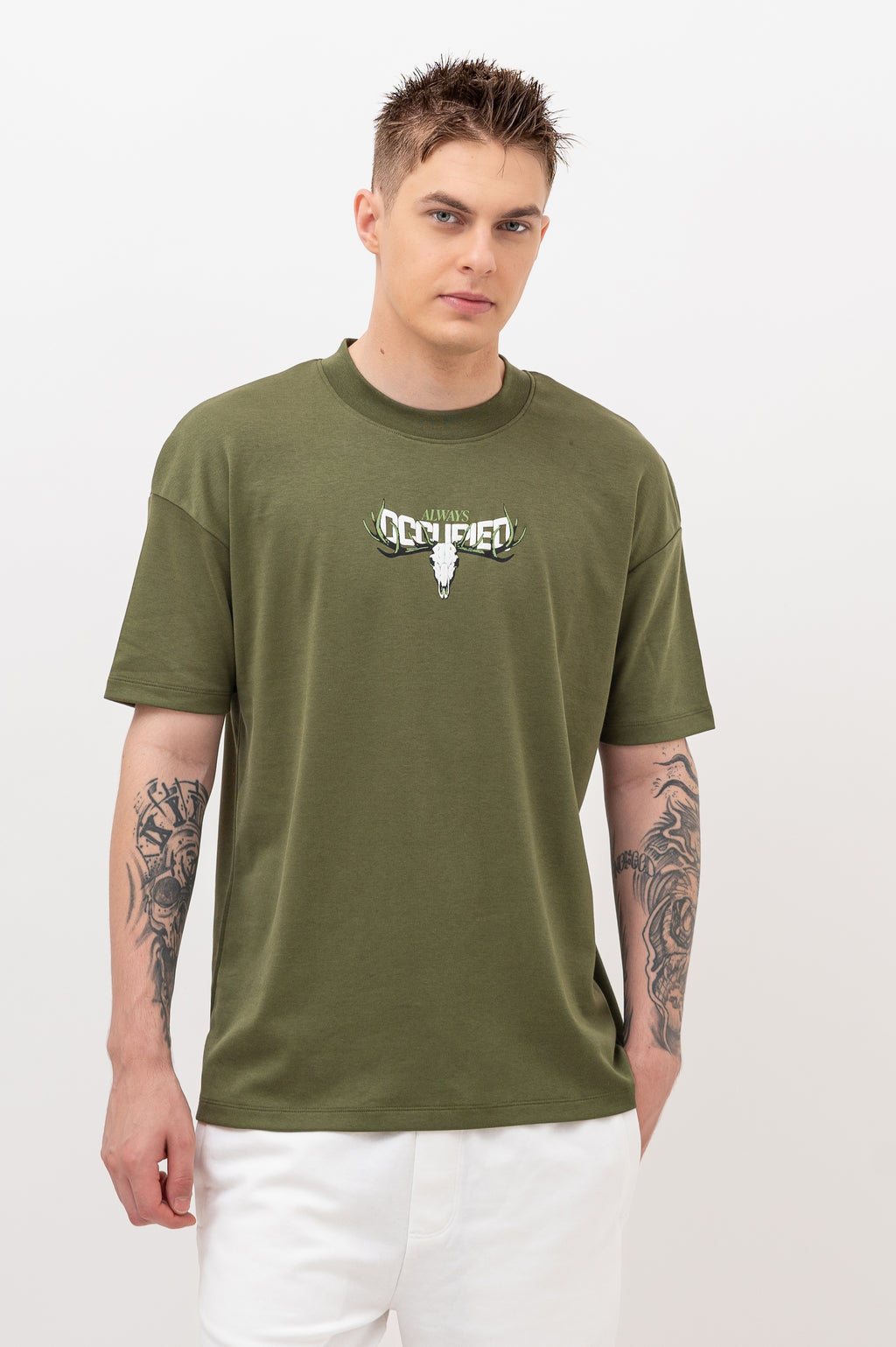 Mens Crew Neck Half Sleeve T-Shirt with Puff Print Olive