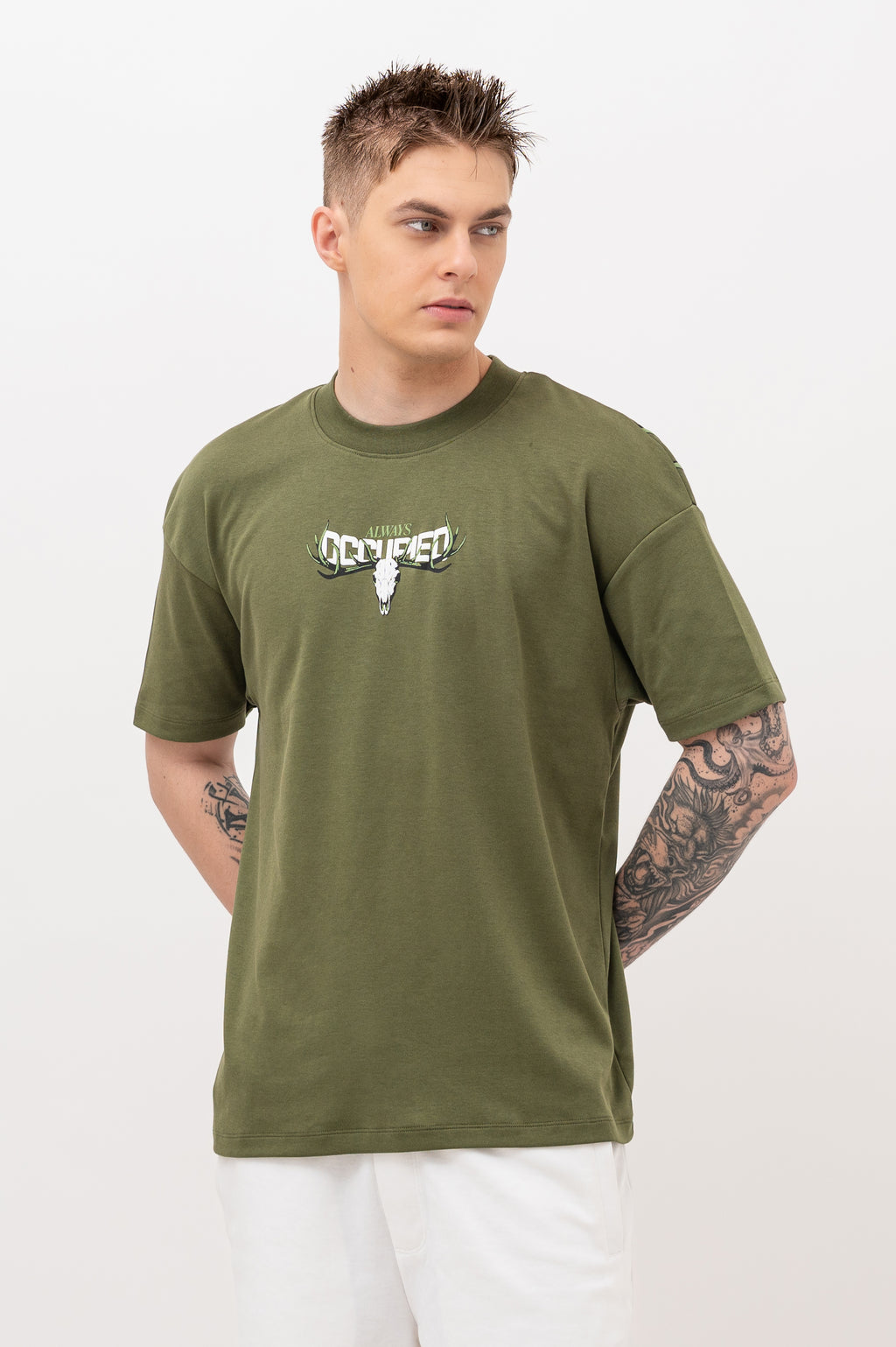 Mens Crew Neck Half Sleeve T-Shirt with Puff Print Olive