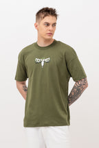 Mens Crew Neck Half Sleeve T-Shirt with Puff Print Olive