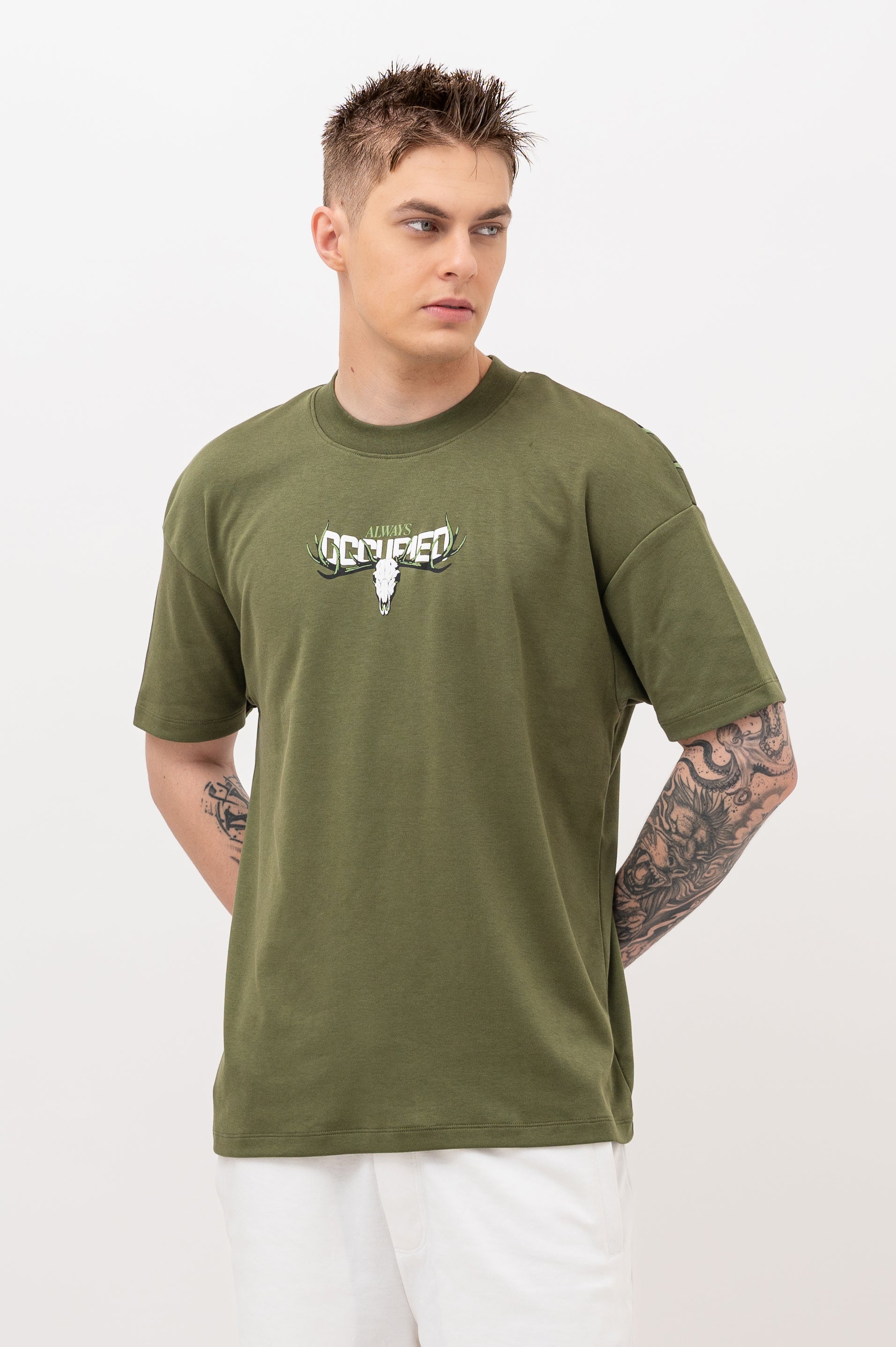 Mens Crew Neck Half Sleeve T-Shirt with Puff Print Olive