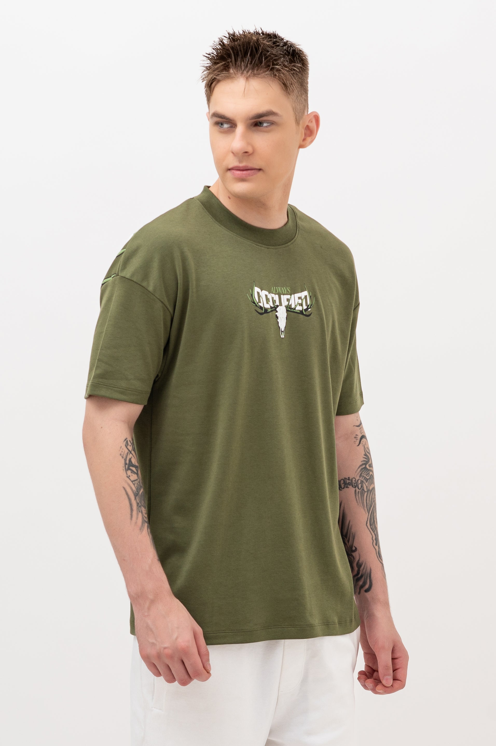 Mens Crew Neck Half Sleeve T-Shirt with Puff Print Olive