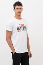 Mens Crew Neck Half Sleeve T-Shirt with Chest Print & Puff Effect White