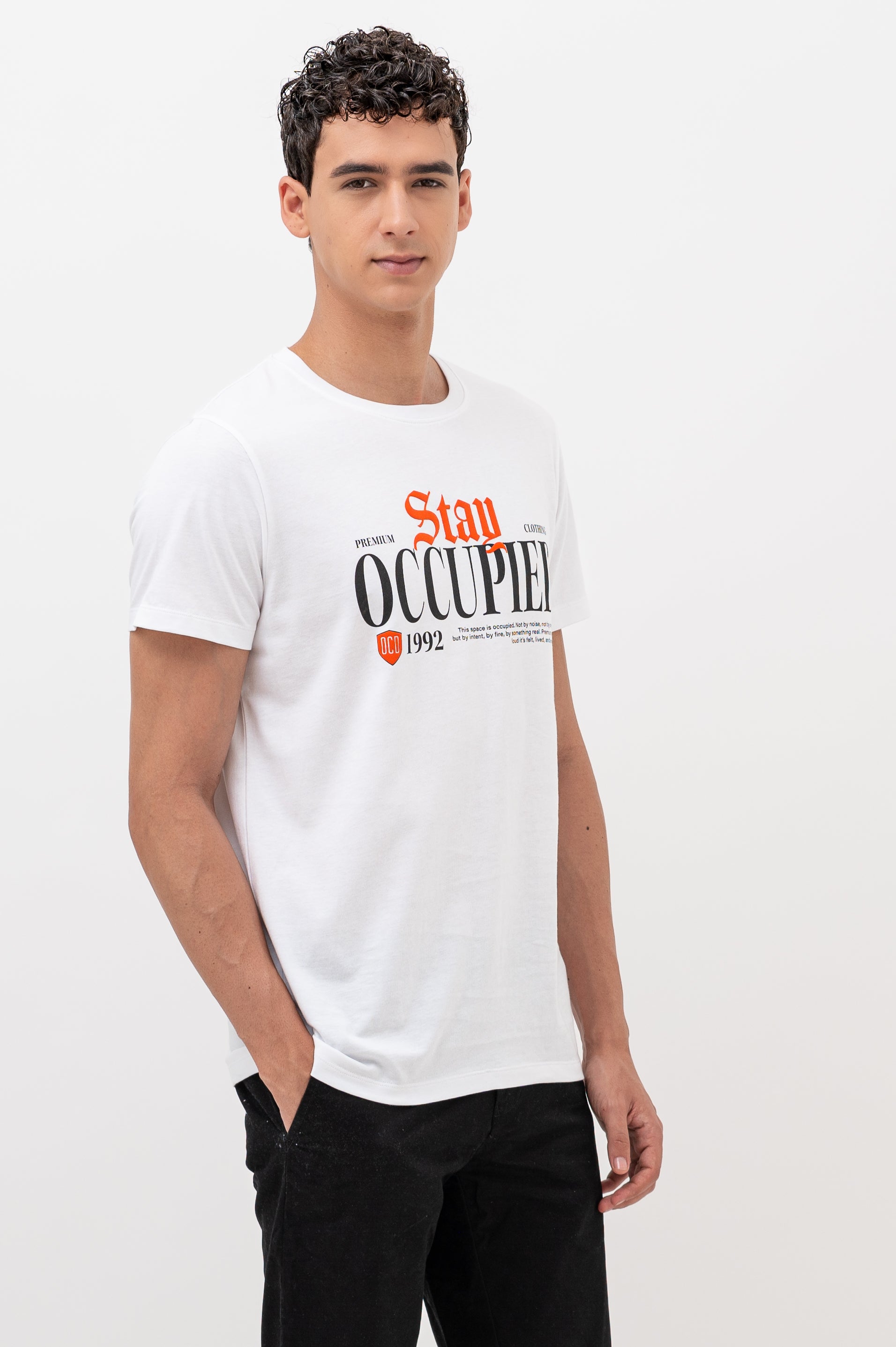 Mens Crew Neck Half Sleeve T-Shirt with Chest Print & Puff Effect White