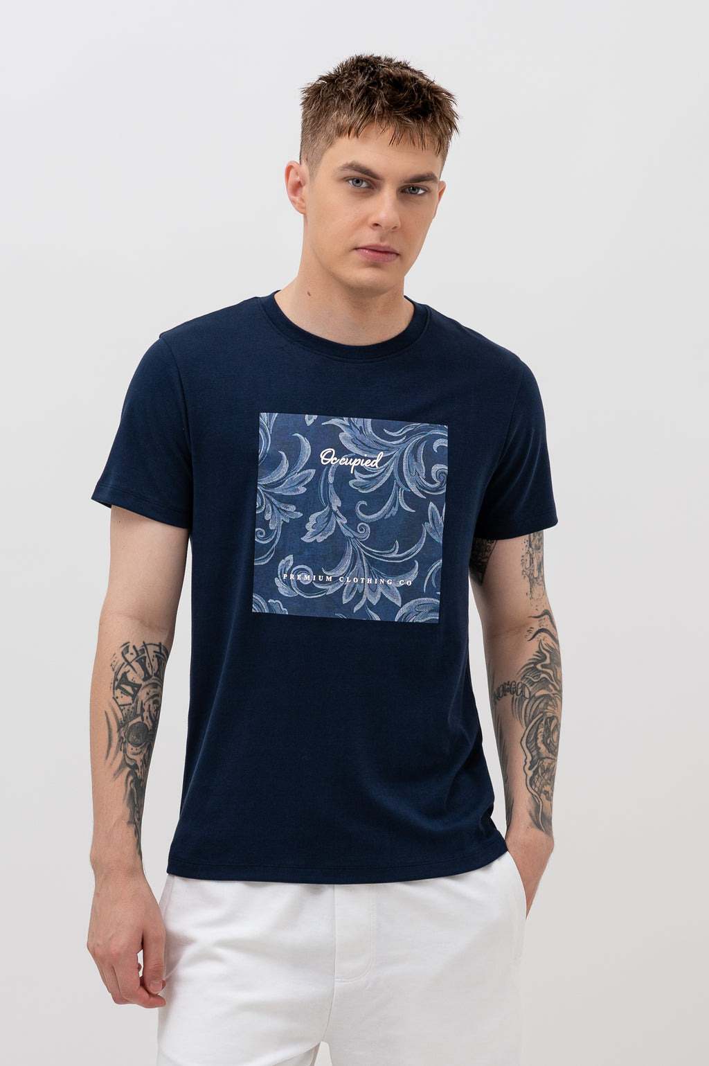Mens Crew Neck Half Sleeve T-Shirt with  Chest Print Navy Blue