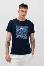 Mens Crew Neck Half Sleeve T-Shirt with  Chest Print Navy Blue