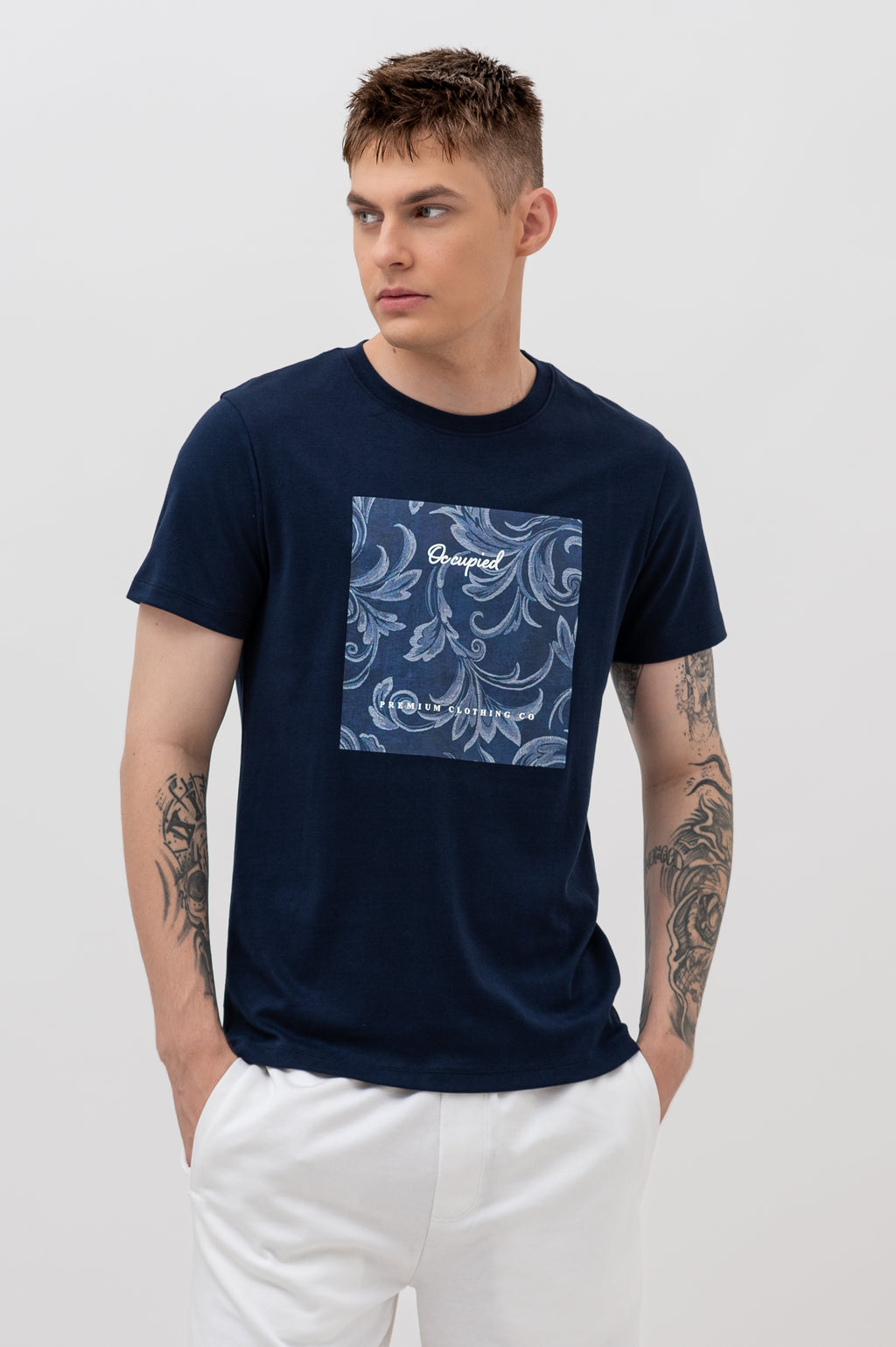 Mens Crew Neck Half Sleeve T-Shirt with  Chest Print Navy Blue