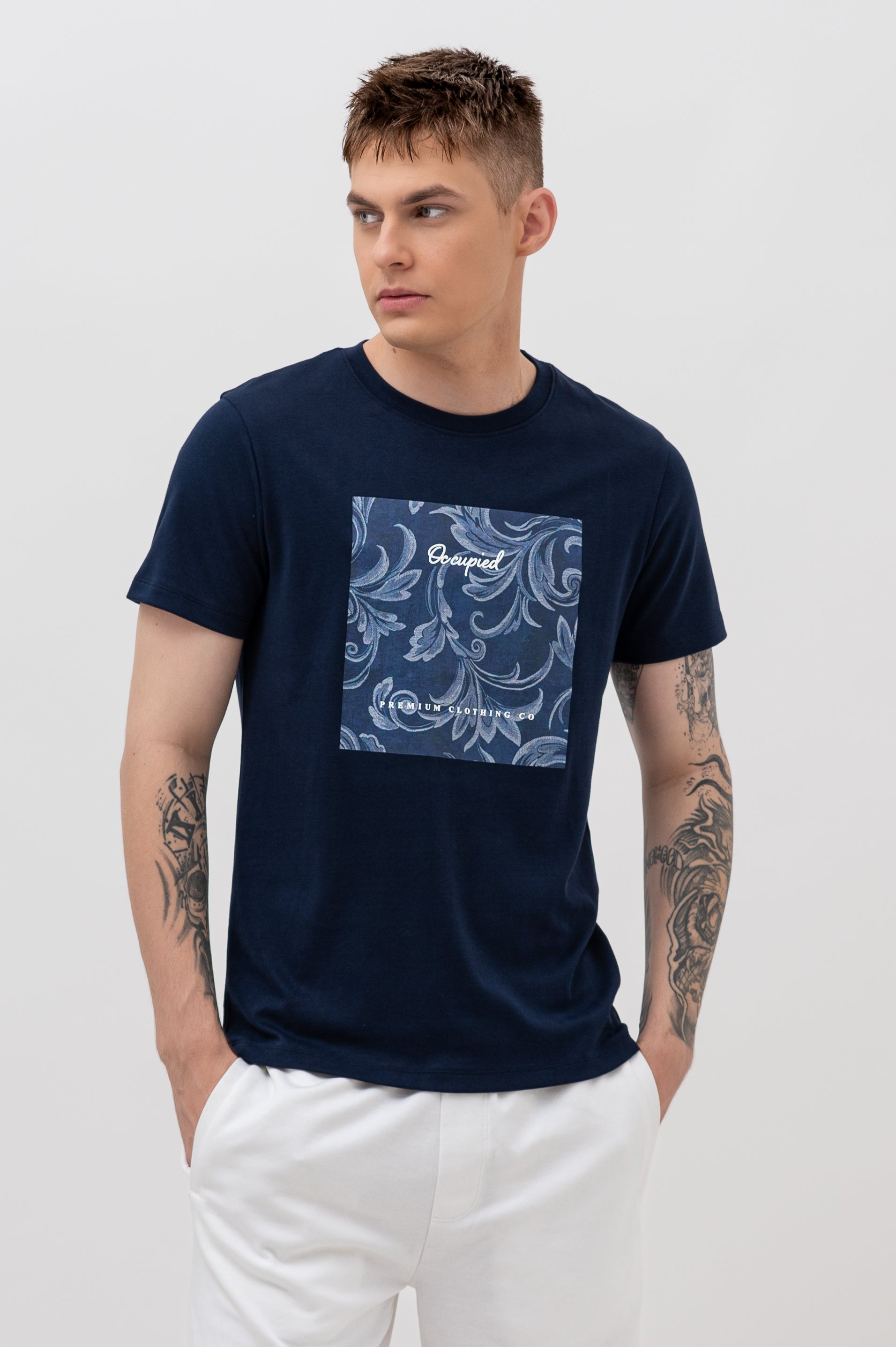 Mens Crew Neck Half Sleeve T-Shirt with  Chest Print Navy Blue