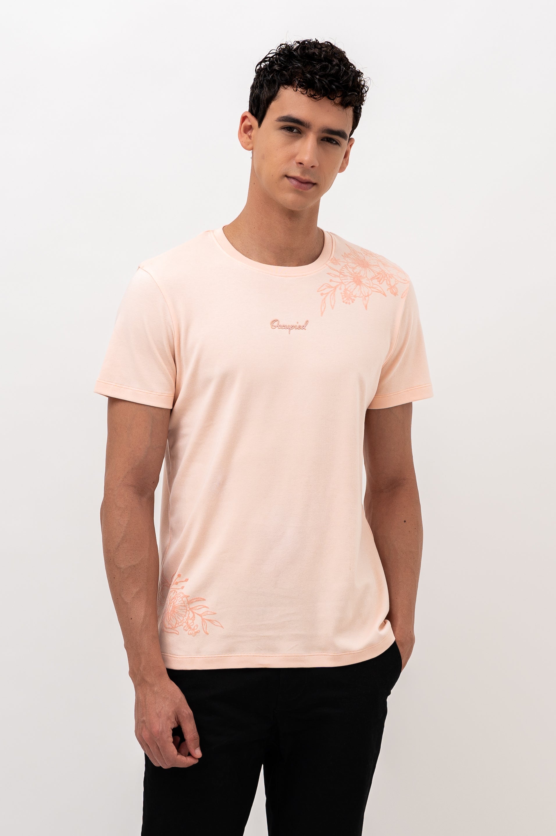 Mens Crew Neck Half Sleeve T-Shirt with Flock Chest Print Pink