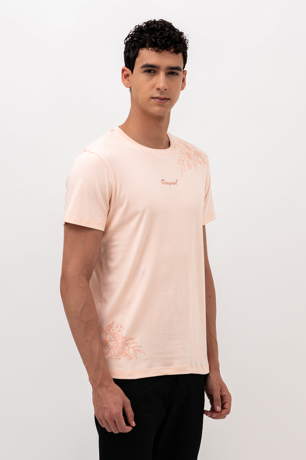 Mens Crew Neck Half Sleeve T-Shirt with Flock Chest Print Pink