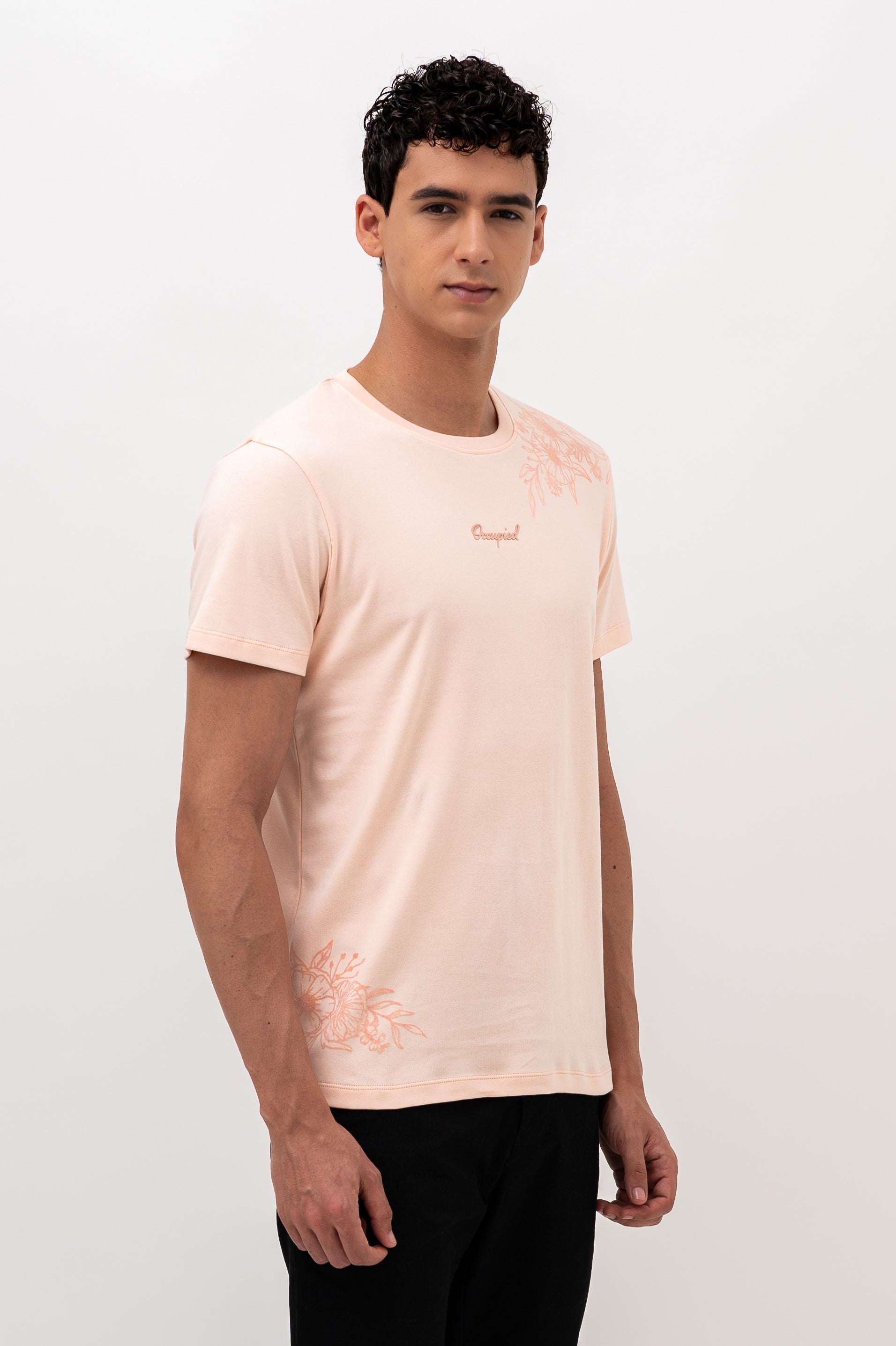 Mens Crew Neck Half Sleeve T-Shirt with Flock Chest Print Pink