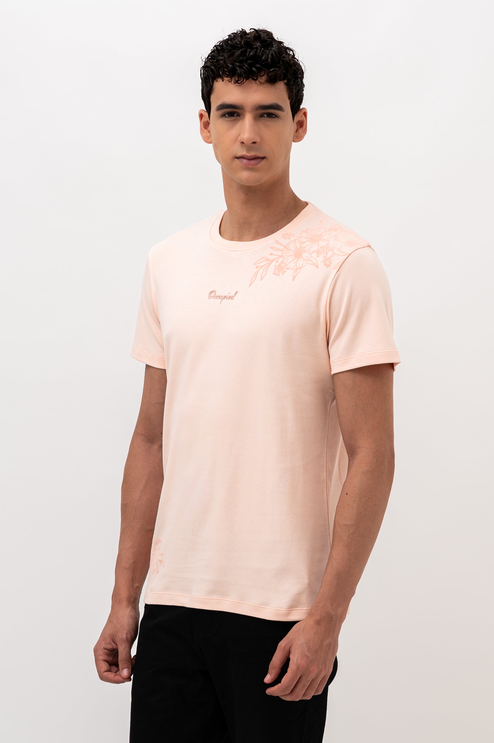 Mens Crew Neck Half Sleeve T-Shirt with Flock Chest Print Pink