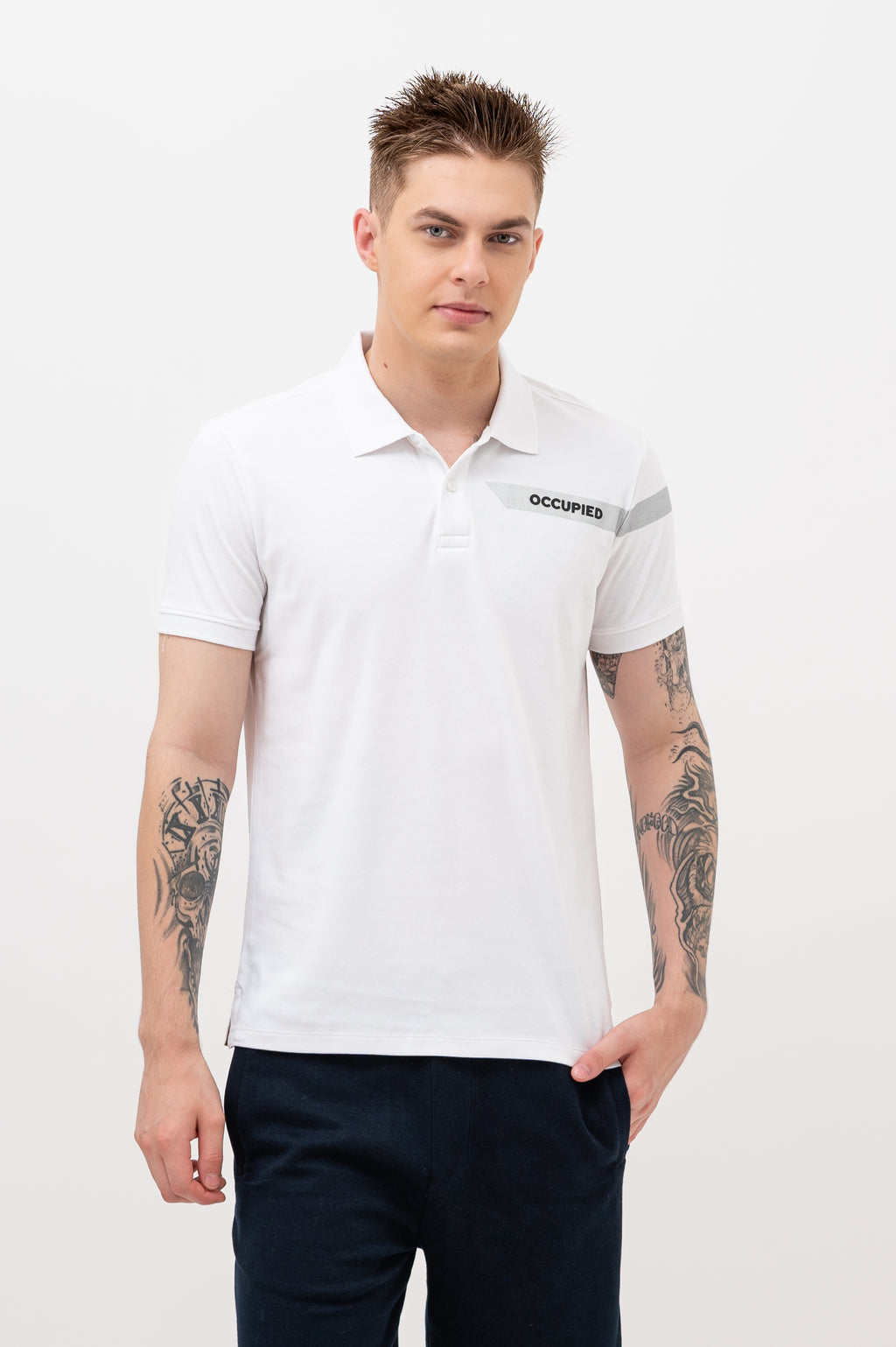 Mens Polo Neck Half Sleeve T-Shirt with Open Placket & HD Badge White