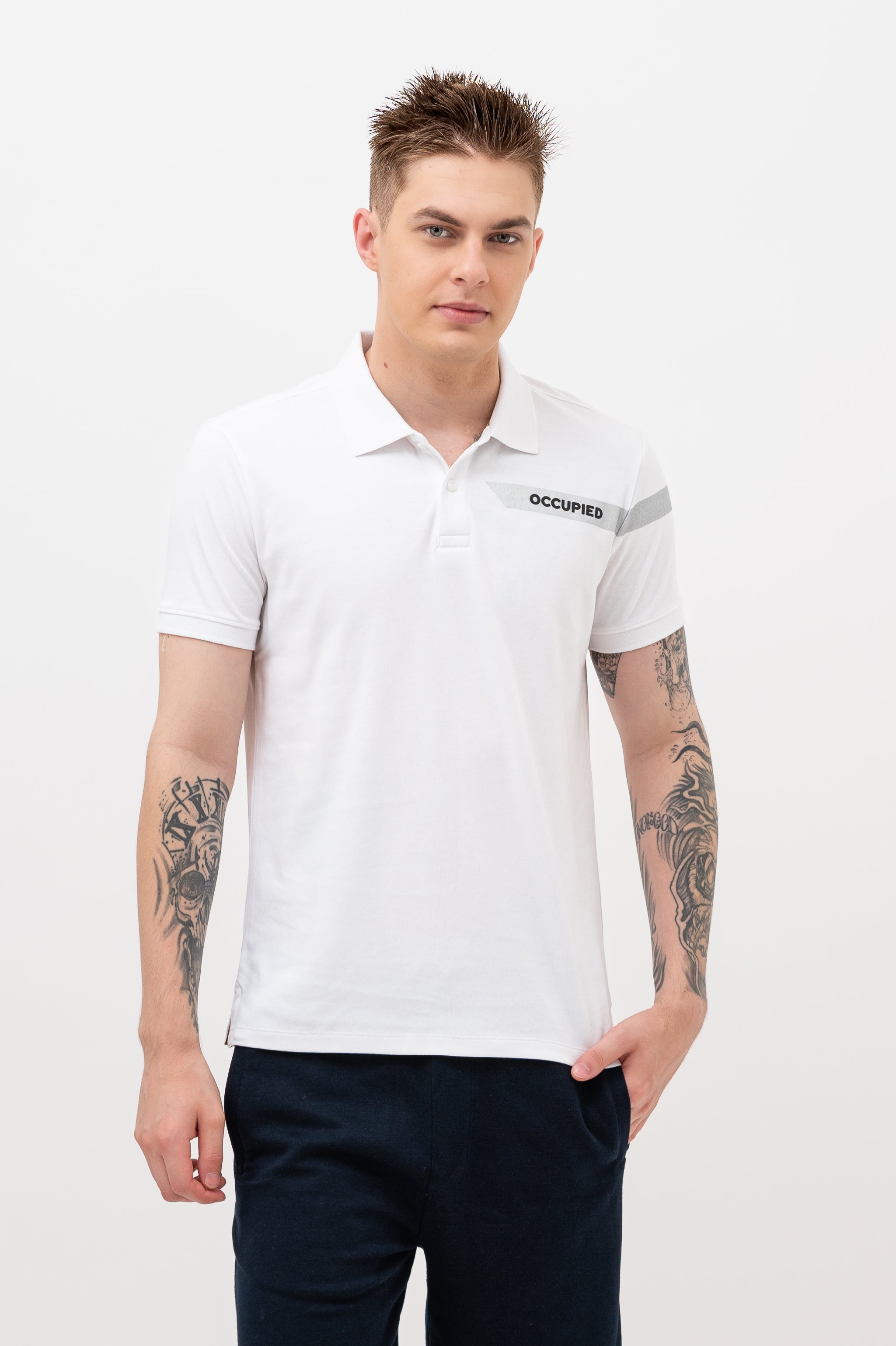 Mens Polo Neck Half Sleeve T-Shirt with Open Placket & HD Badge White