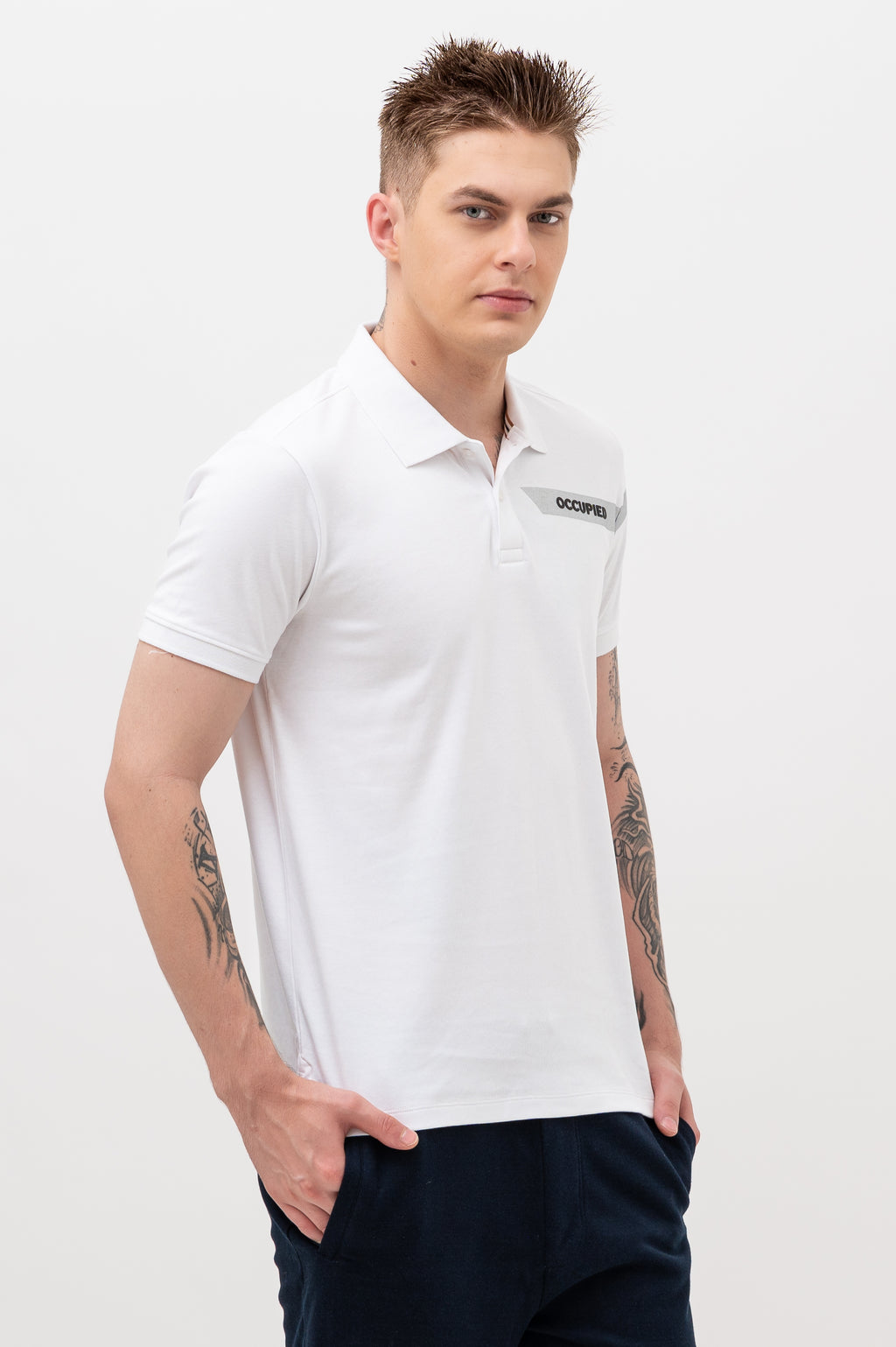 Mens Polo Neck Half Sleeve T-Shirt with Open Placket & HD Badge White
