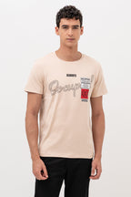 Mens Crew Neck Half Sleeve T-Shirt with Chest Print & Woven Badge Off White