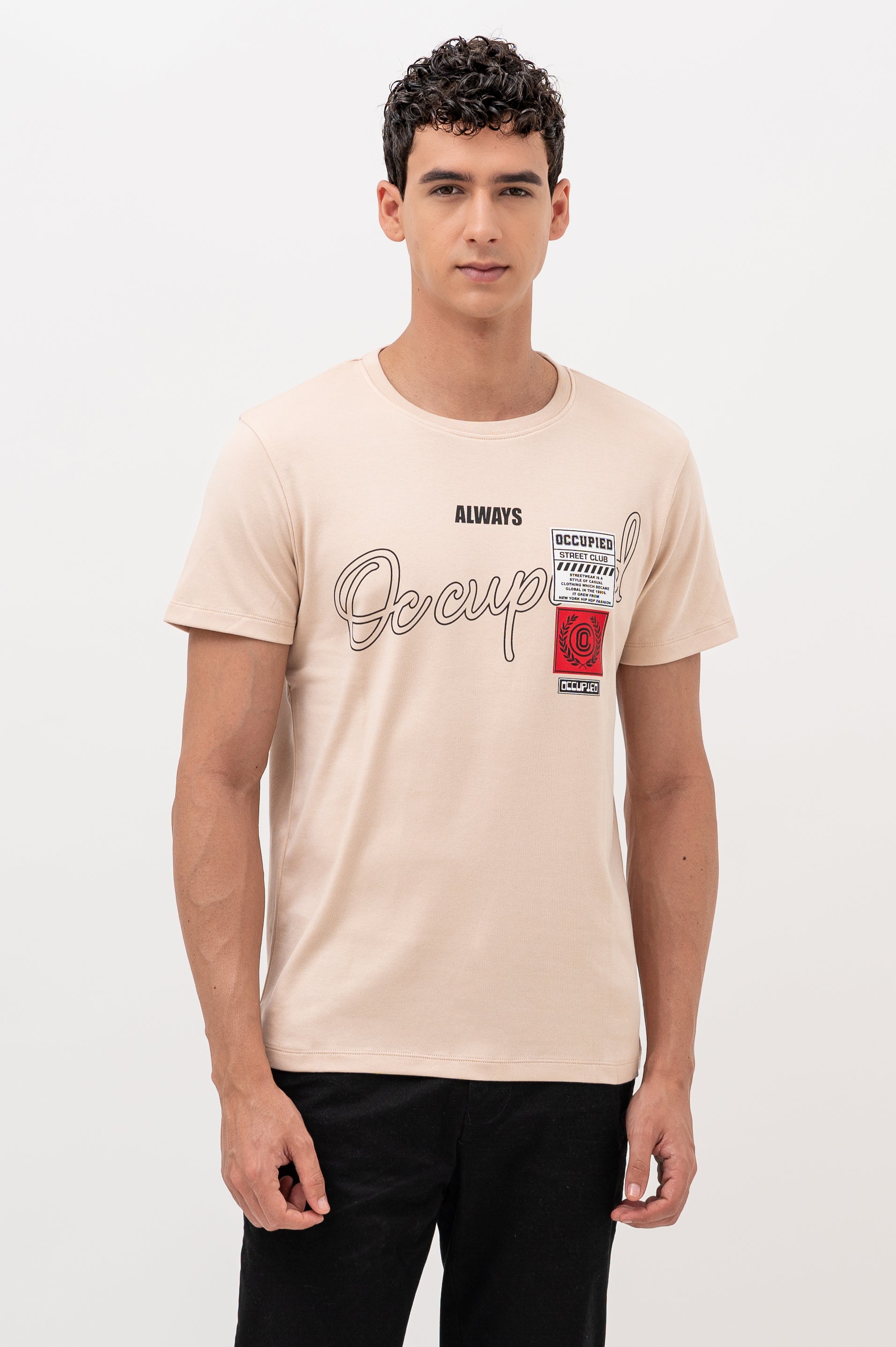 Mens Crew Neck Half Sleeve T-Shirt with Chest Print & Woven Badge Off White