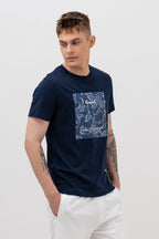 Mens Crew Neck Half Sleeve T-Shirt with  Chest Print Navy Blue