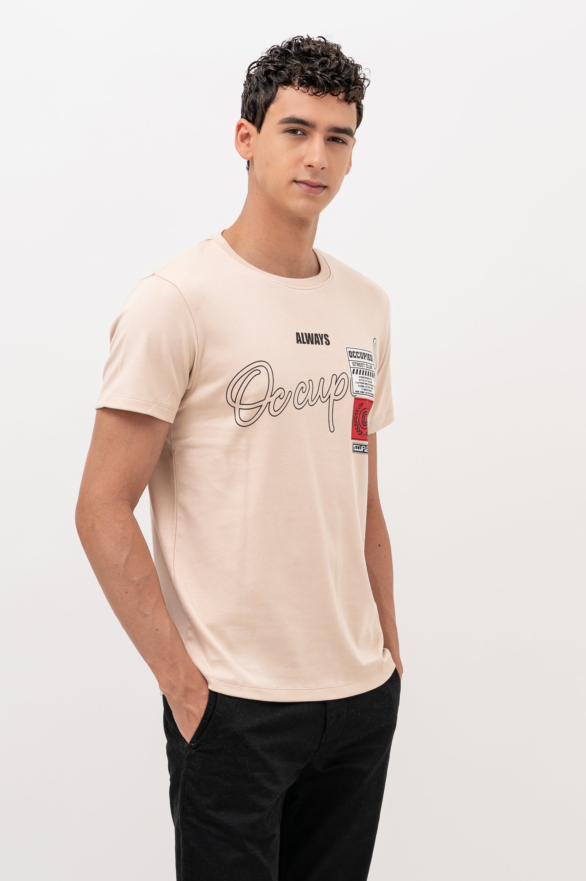 Mens Crew Neck Half Sleeve T-Shirt with Chest Print & Woven Badge Off White