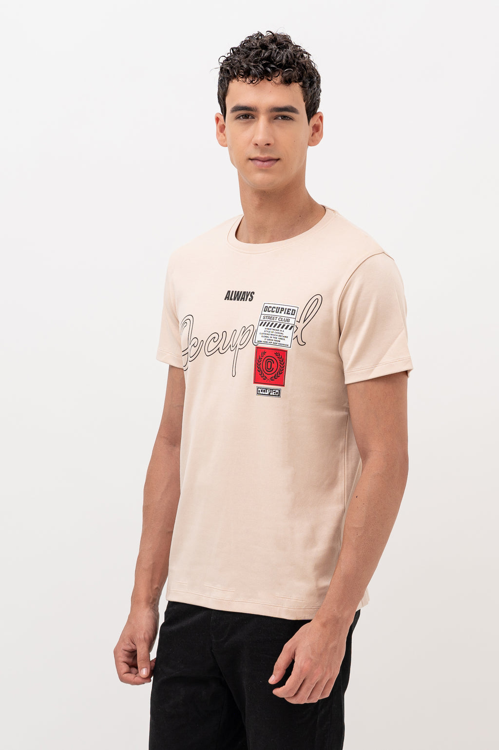 Mens Crew Neck Half Sleeve T-Shirt with Chest Print & Woven Badge Off White