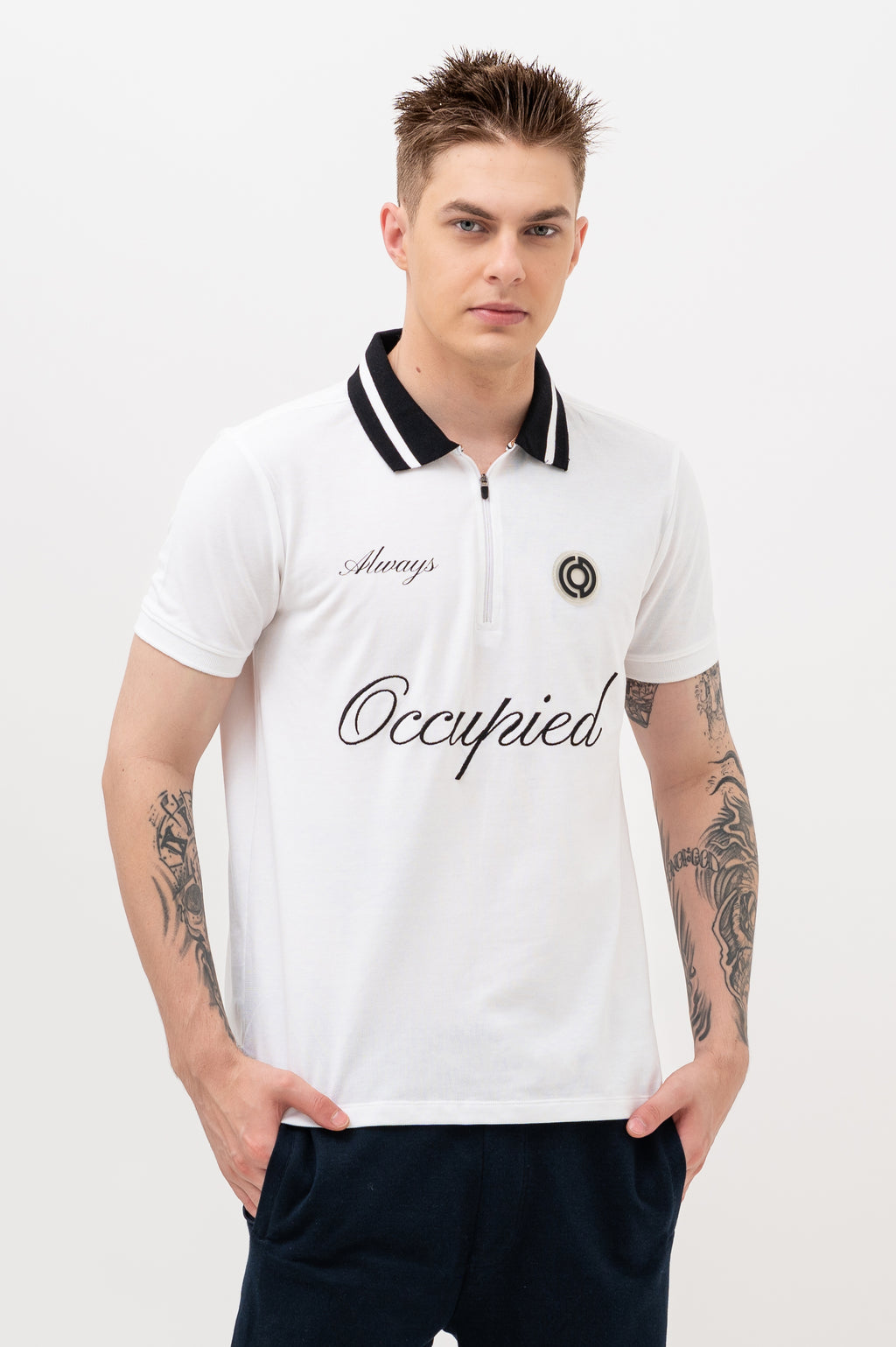 Mens Polo Neck Half Sleeve T-Shirt with Chest Embroidery & Badge White