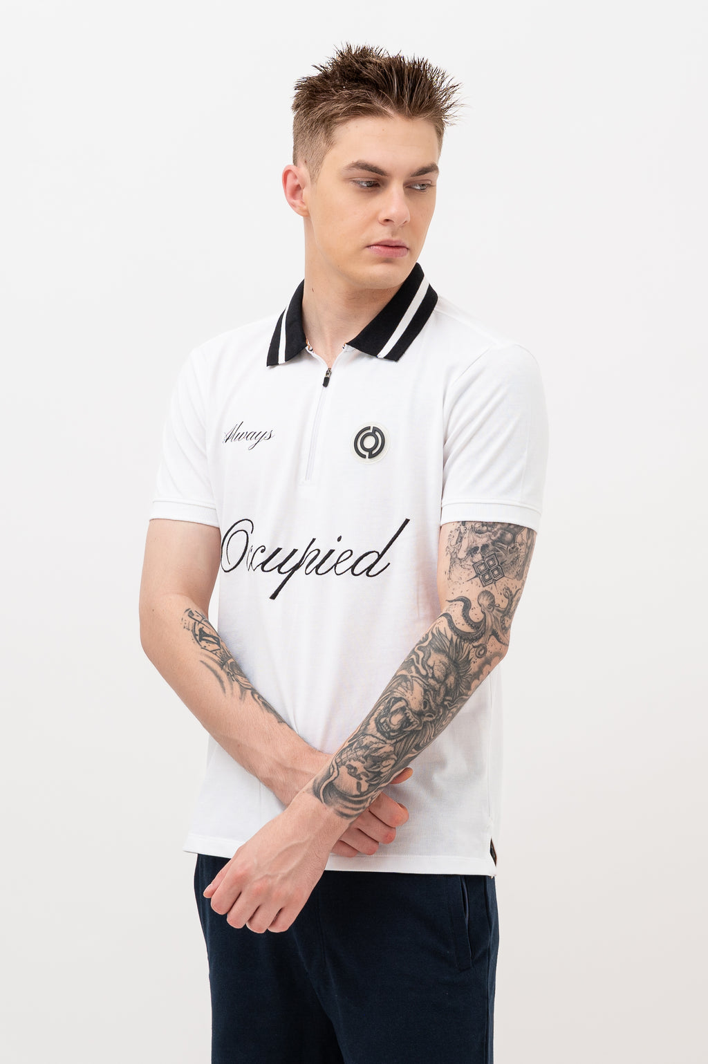 Mens Polo Neck Half Sleeve T-Shirt with Chest Embroidery & Badge White