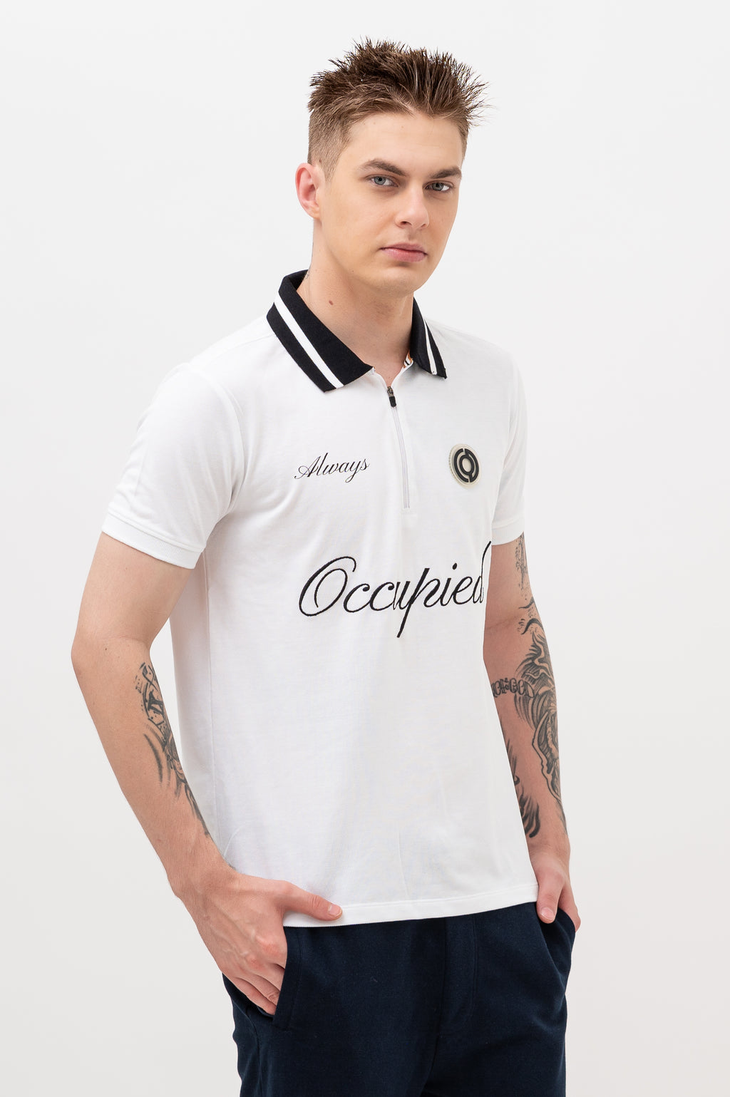Mens Polo Neck Half Sleeve T-Shirt with Chest Embroidery & Badge White