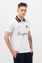 Mens Polo Neck Half Sleeve T-Shirt with Chest Embroidery & Badge White