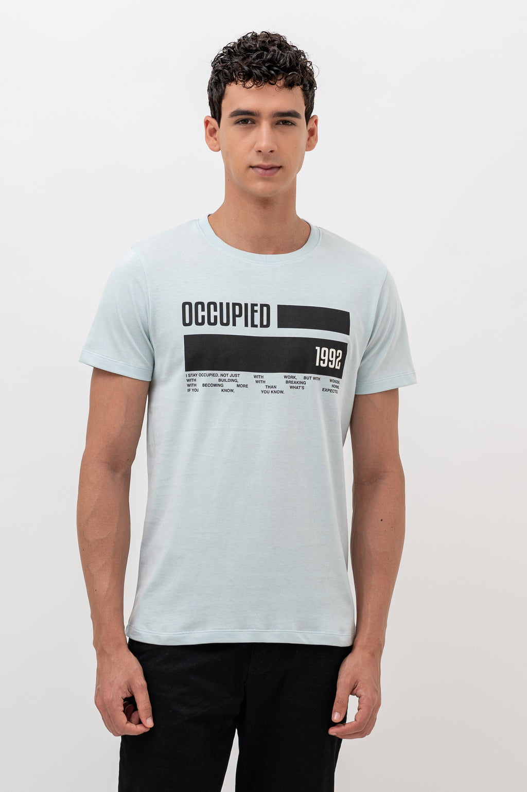 Mens Crew Neck Half Sleeve T-Shirt with  Chest Print Light Blue