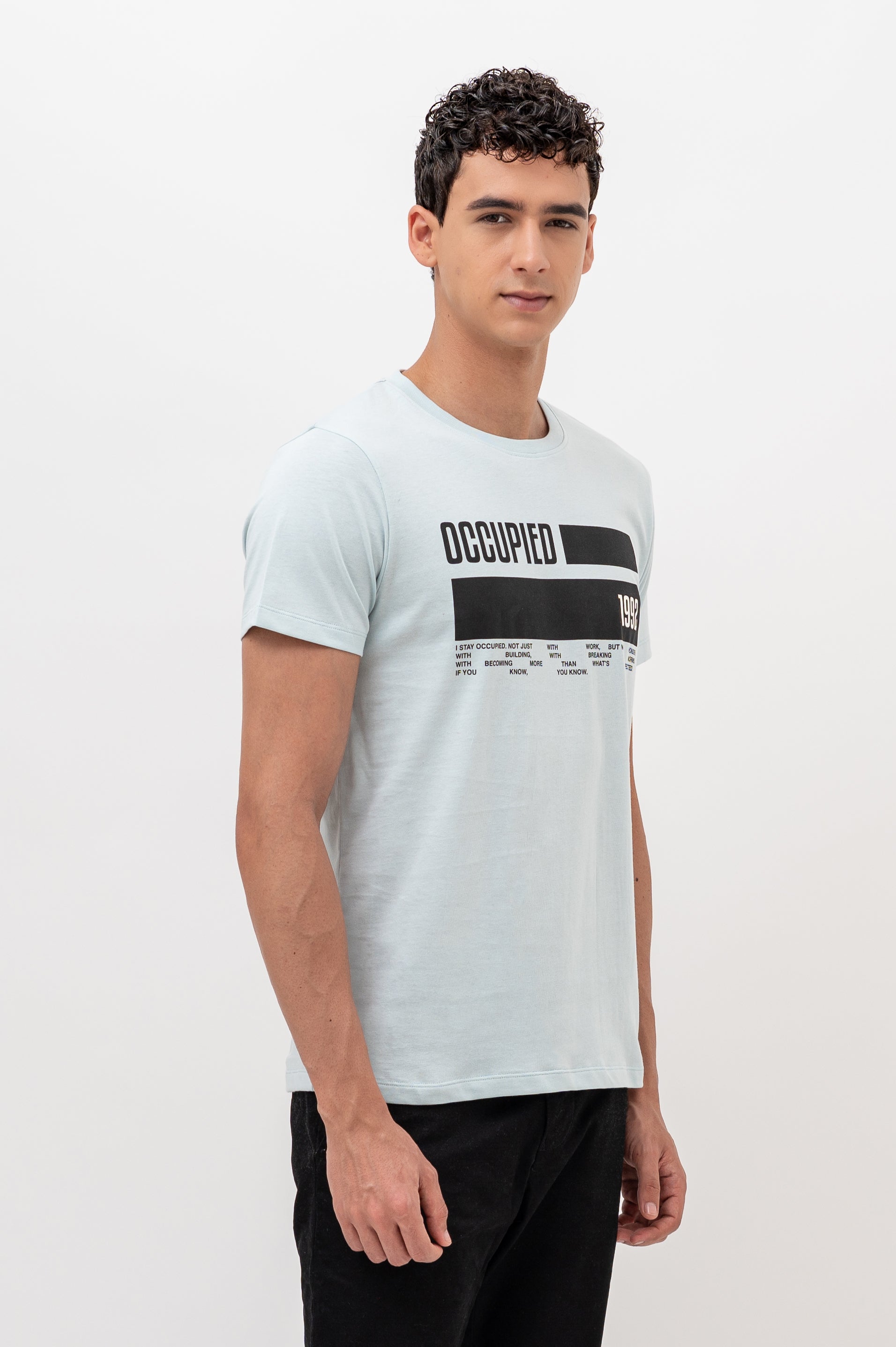 Mens Crew Neck Half Sleeve T-Shirt with  Chest Print Light Blue