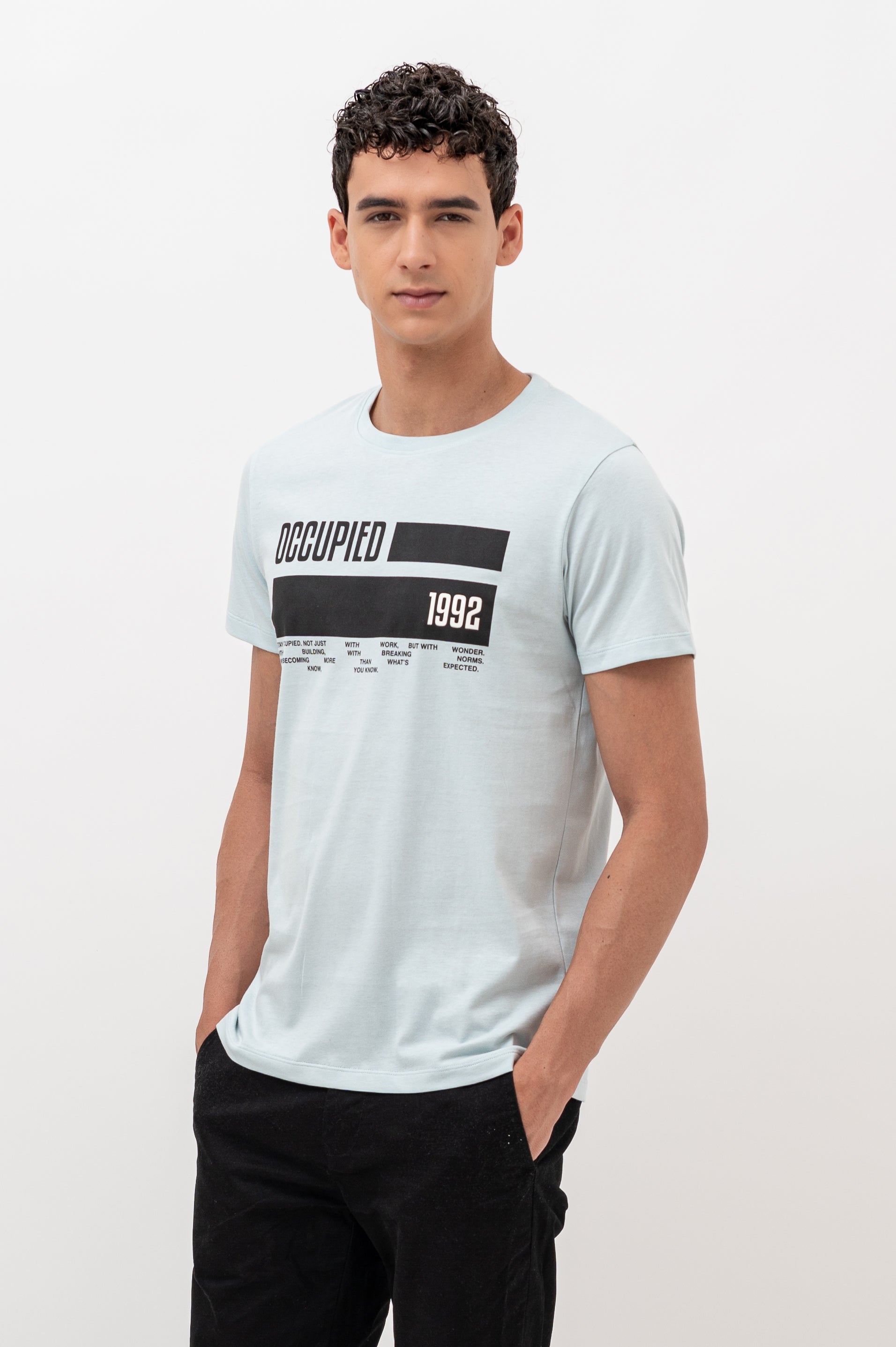 Mens Crew Neck Half Sleeve T-Shirt with  Chest Print Light Blue