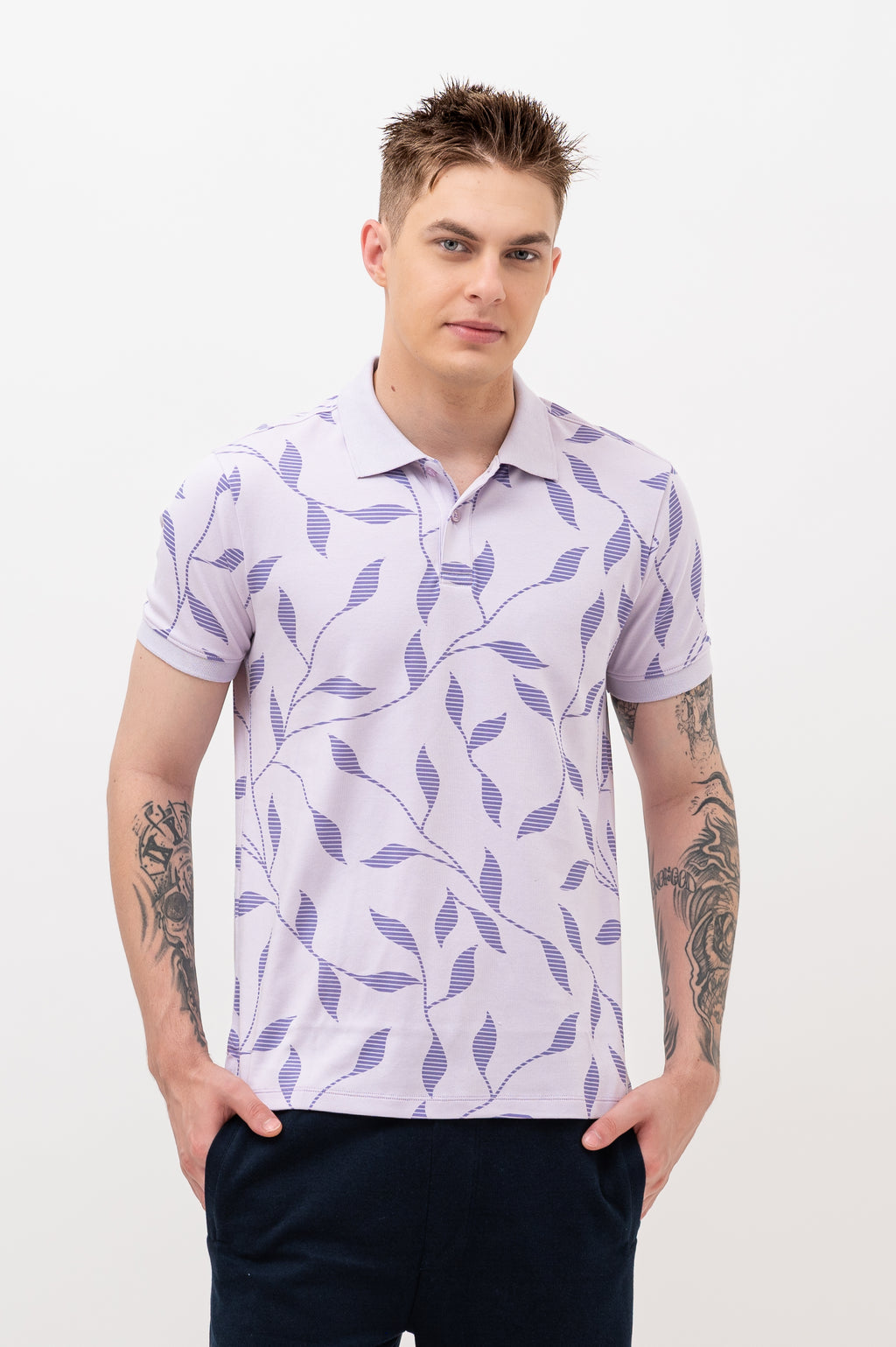 Mens Polo Neck Half Sleeve Printed T-Shirt with All Over Print Purple
