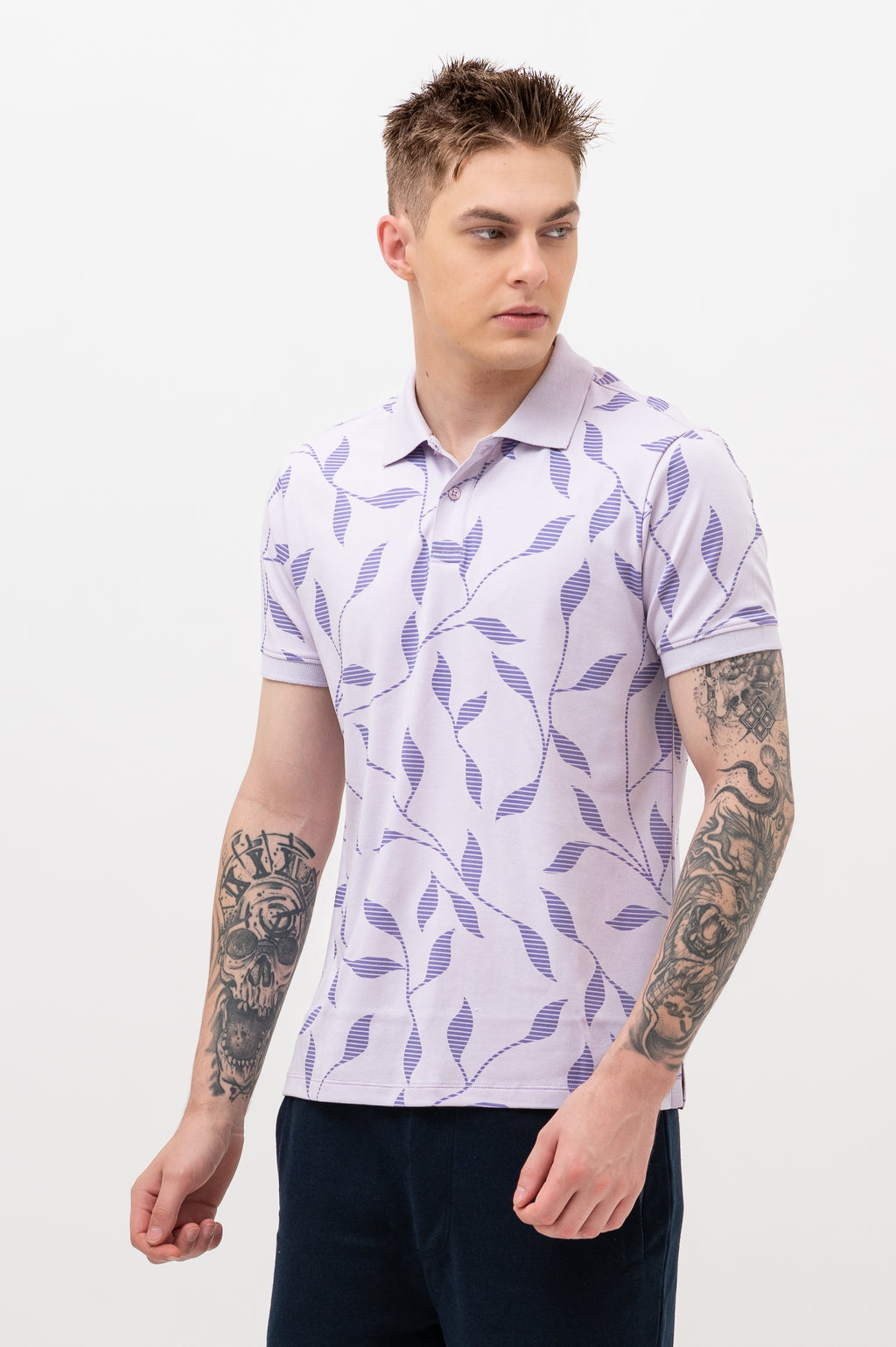 Mens Polo Neck Half Sleeve Printed T-Shirt with All Over Print Purple