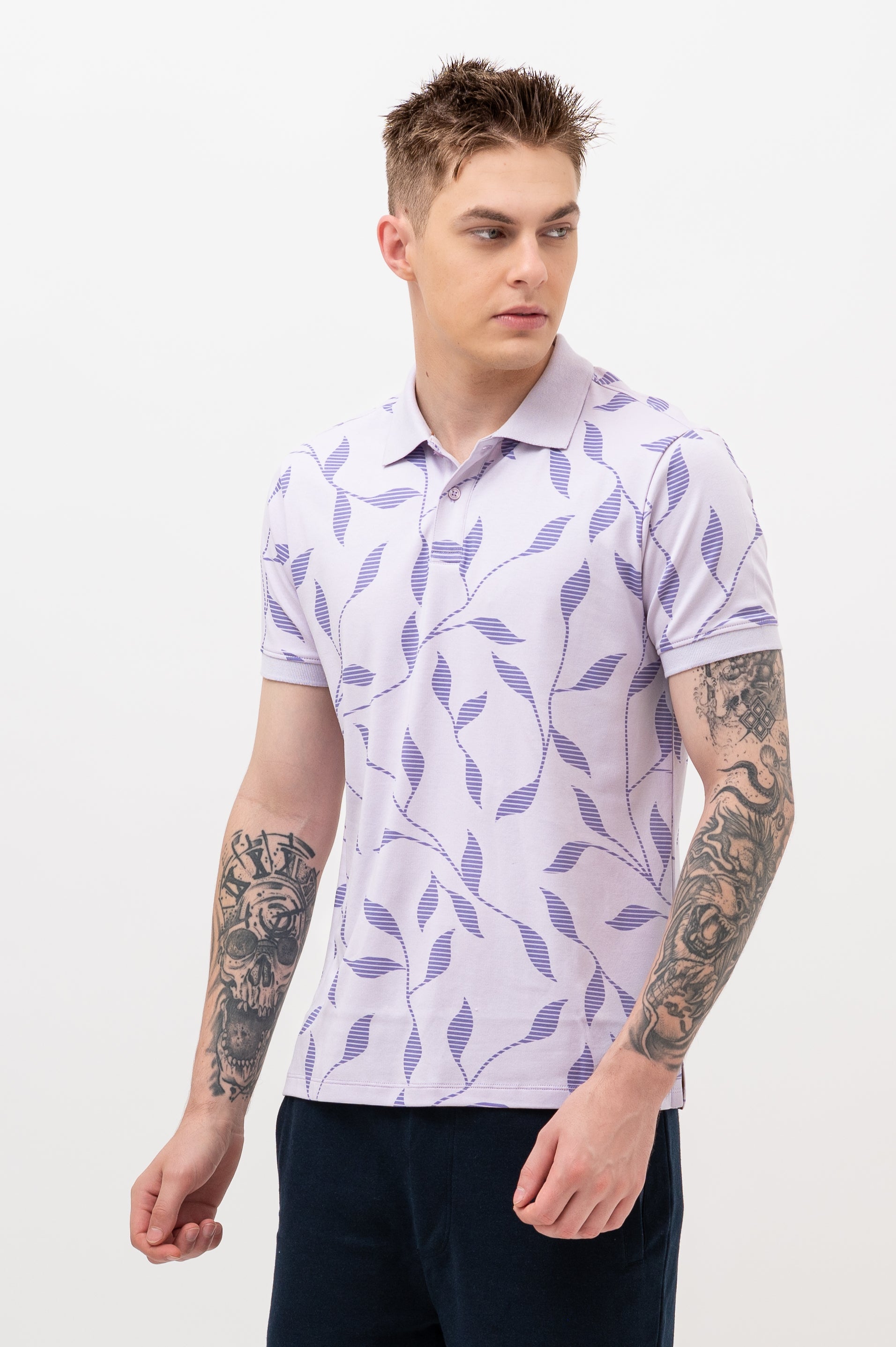 Mens Polo Neck Half Sleeve Printed T-Shirt with All Over Print Purple