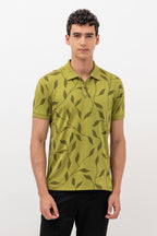 Mens Polo Neck Half Sleeve Printed T-Shirt with All Over Print Olive