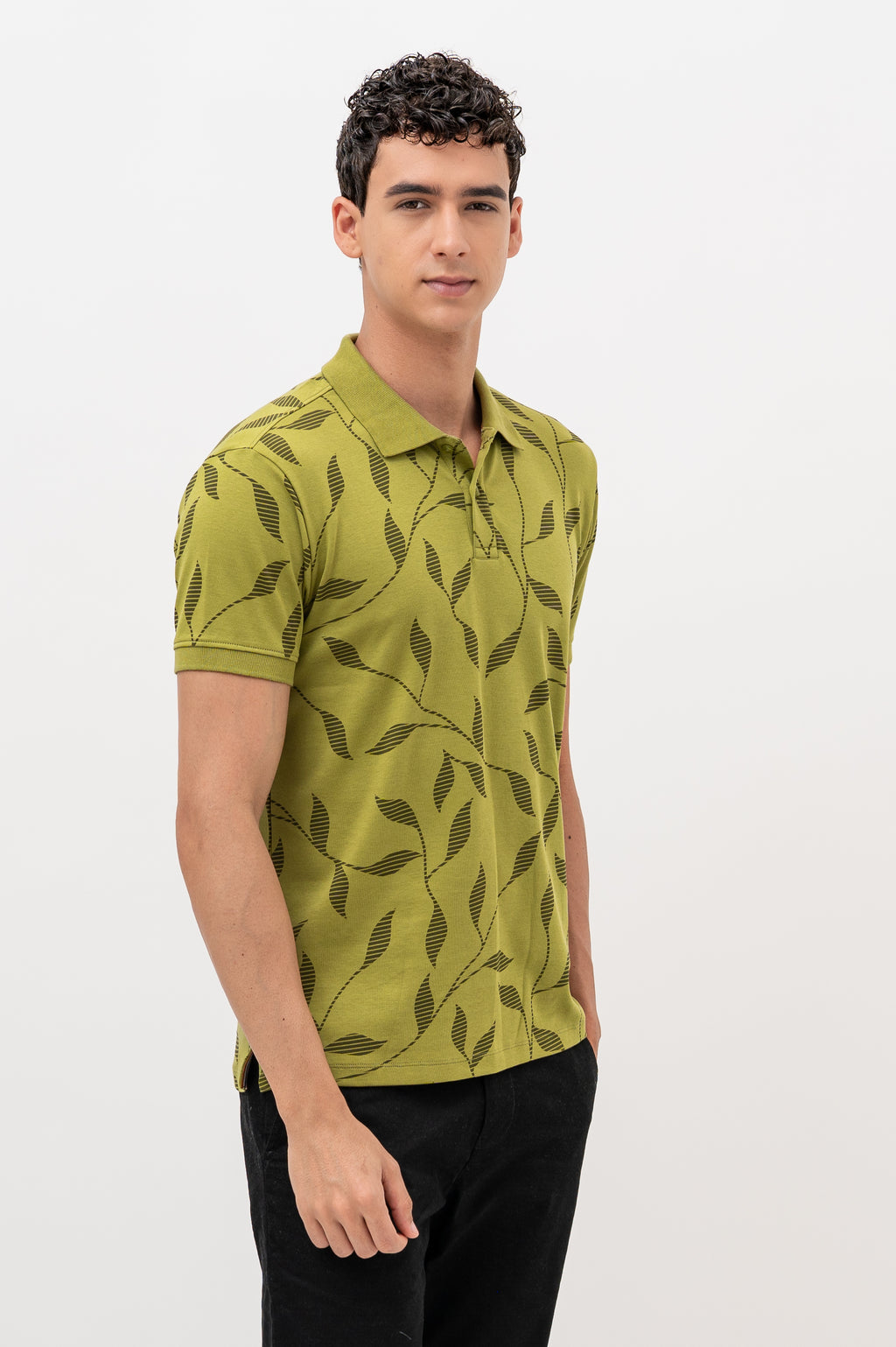 Mens Polo Neck Half Sleeve Printed T-Shirt with All Over Print Olive