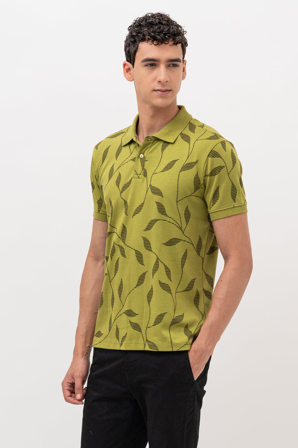 Mens Polo Neck Half Sleeve Printed T-Shirt with All Over Print Olive