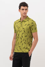 Mens Polo Neck Half Sleeve Printed T-Shirt with All Over Print Olive