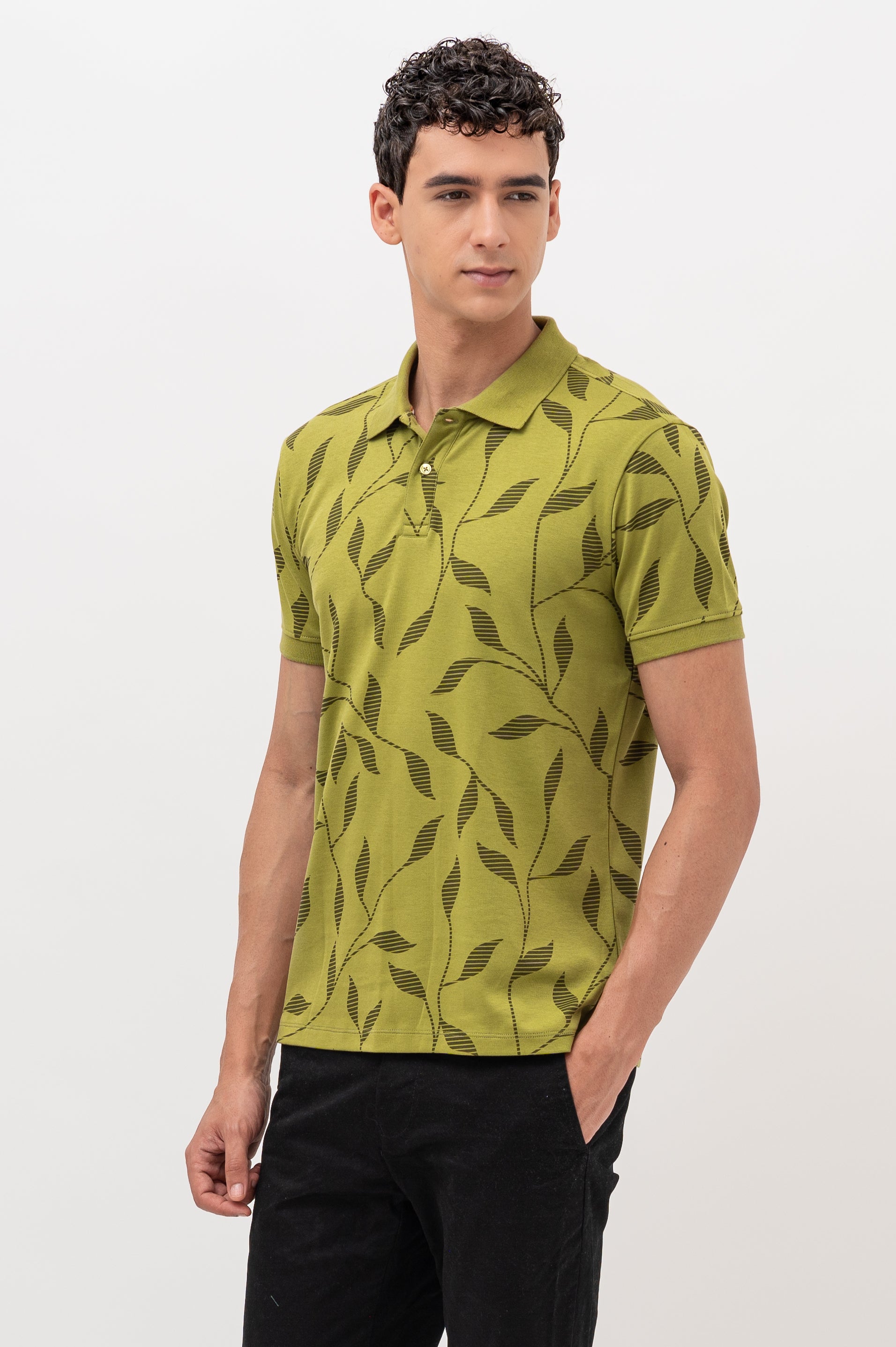 Mens Polo Neck Half Sleeve Printed T-Shirt with All Over Print Olive