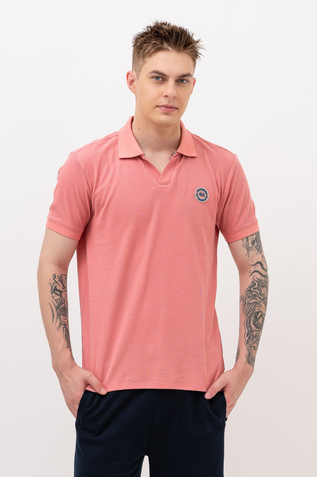 Mens Polo Neck Half Sleeve T-Shirt with Open Placket & HD Badge Pink
