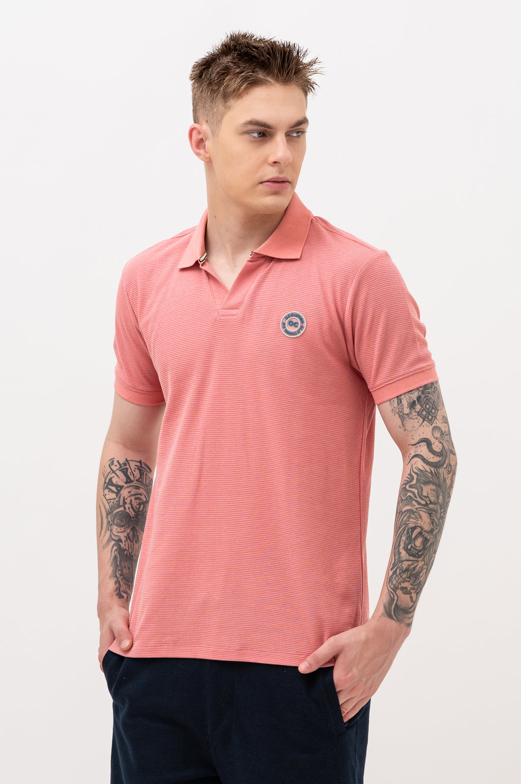 Mens Polo Neck Half Sleeve T-Shirt with Open Placket & HD Badge Pink