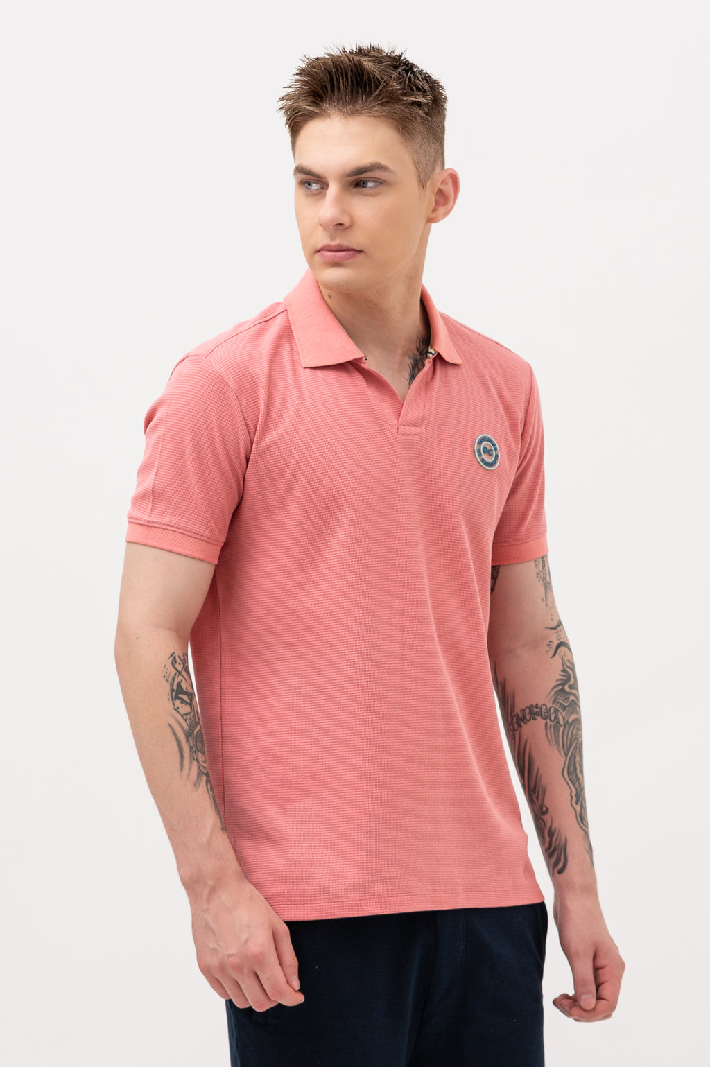 Mens Polo Neck Half Sleeve T-Shirt with Open Placket & HD Badge Pink