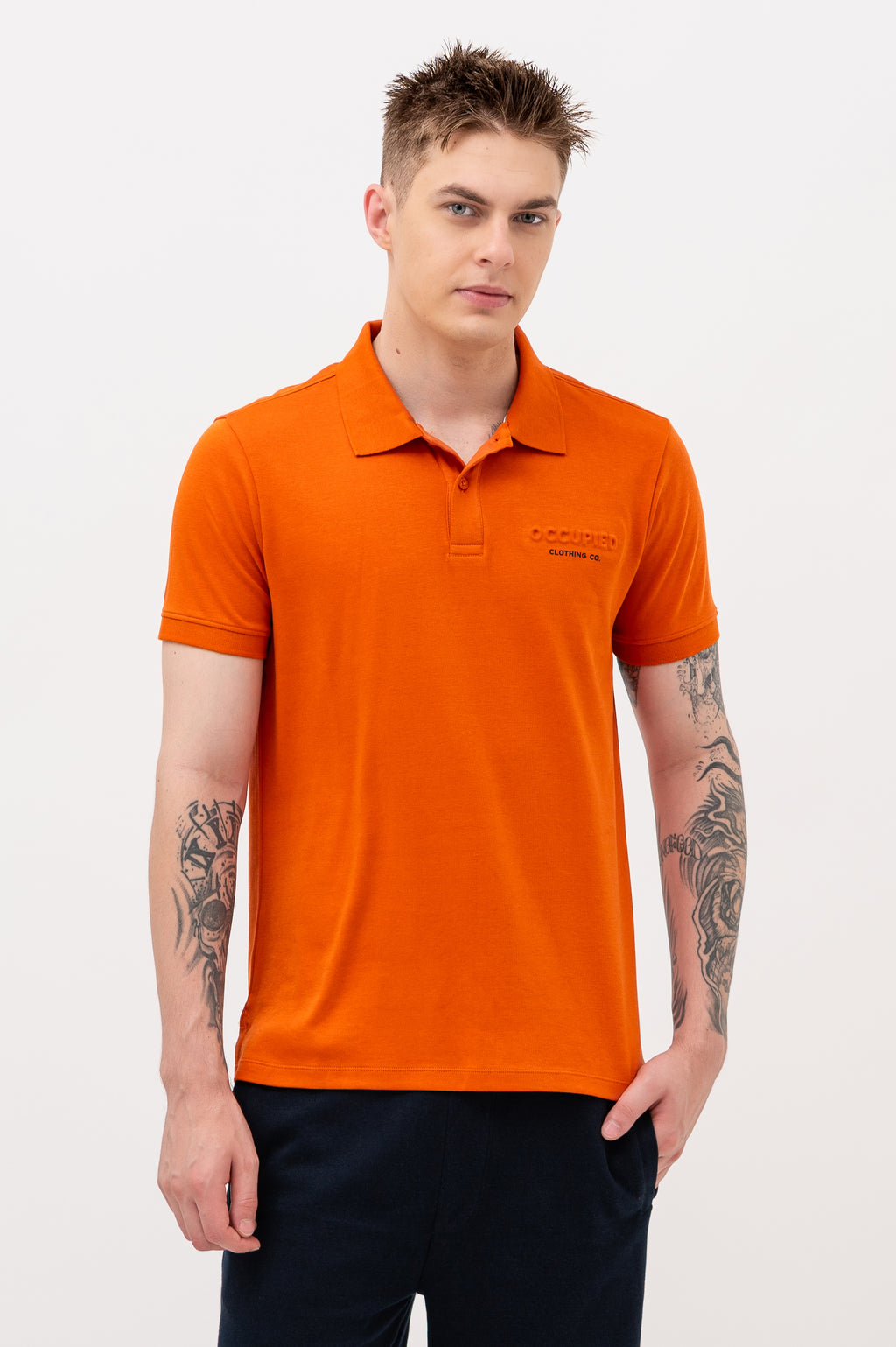 Mens Polo Neck Half Sleeve T-Shirt with  Chest Print Orange