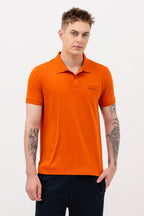 Mens Polo Neck Half Sleeve T-Shirt with  Chest Print Orange