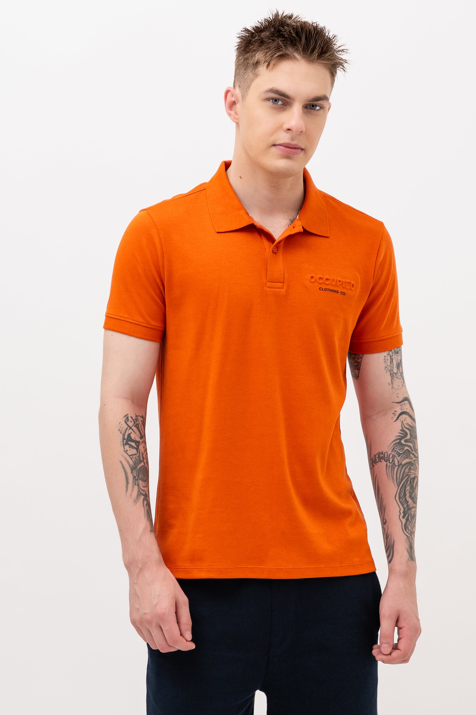 Mens Polo Neck Half Sleeve T-Shirt with  Chest Print Orange