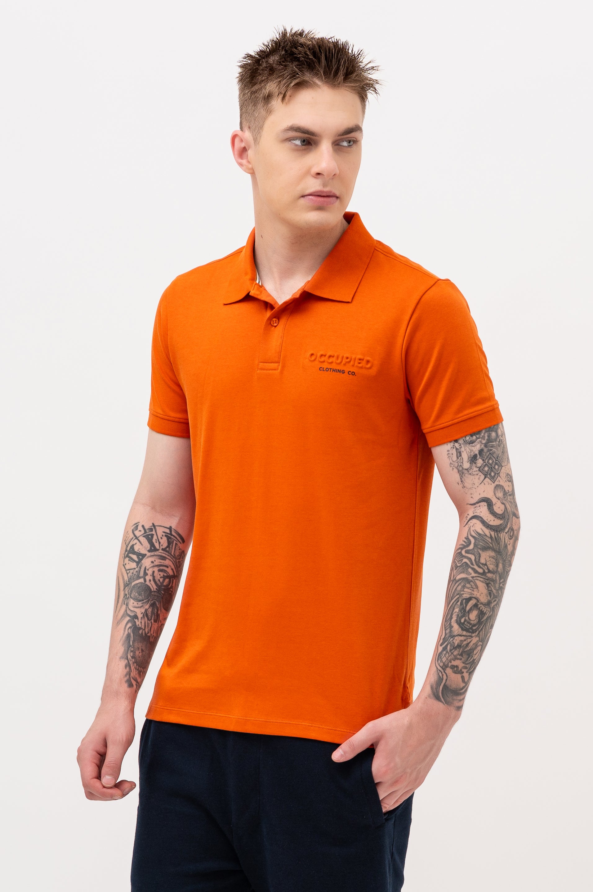 Mens Polo Neck Half Sleeve T-Shirt with  Chest Print Orange