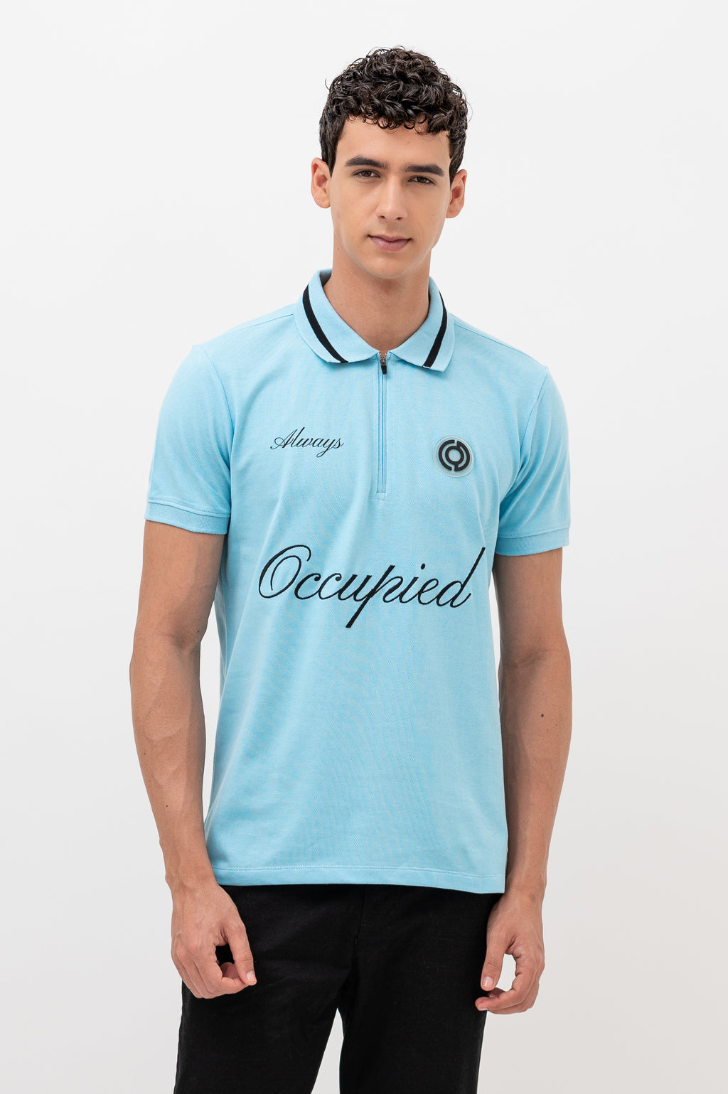 Mens Polo Neck Half Sleeve T-Shirt with Chest Embroidery & Badge Stone Blue