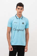 Mens Polo Neck Half Sleeve T-Shirt with Chest Embroidery & Badge Stone Blue