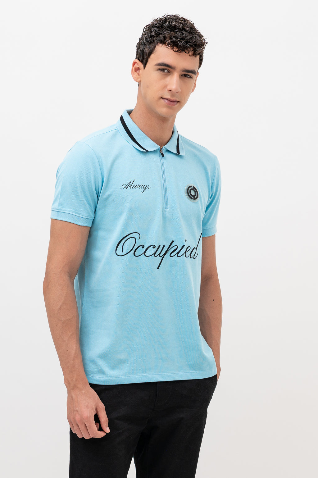 Mens Polo Neck Half Sleeve T-Shirt with Chest Embroidery & Badge Stone Blue