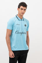 Mens Polo Neck Half Sleeve T-Shirt with Chest Embroidery & Badge Stone Blue